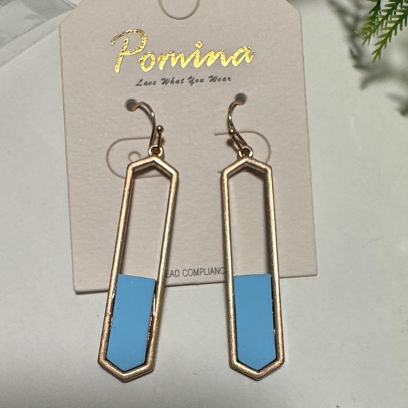 Pomina Geometric Gold Tone & Blue Bar Dangle Earrings  (BR1010/1) - Picture 2 of 5